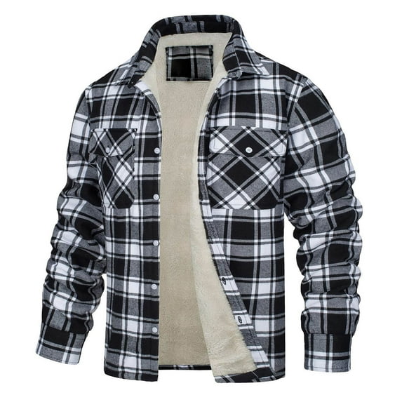 Men's Sherpa Lined Jacket Long Sleeve Button Down Plaid Fleece Coats Fall Winter Warm Shacket Outerwear with Pockets