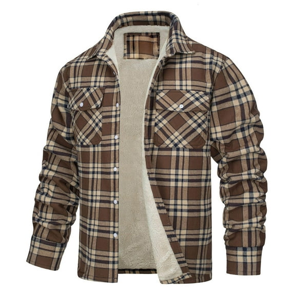 Men's Sherpa Lined Jacket Long Sleeve Button Down Plaid Fleece Coats Fall Winter Warm Shacket Outerwear with Pockets