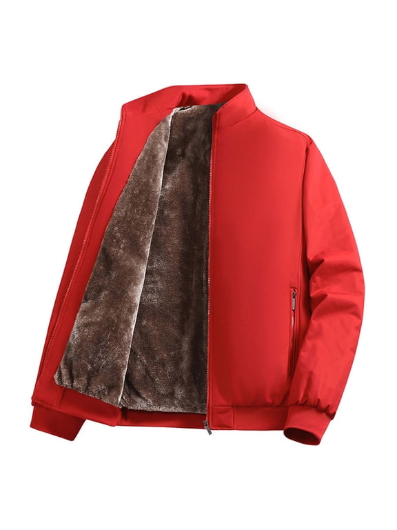 Men's Sherpa Lined Jacket No Hood Full Zip Casual Bomber Sport Coat with Zipper Pockets Winter Outerwear (L, Red)