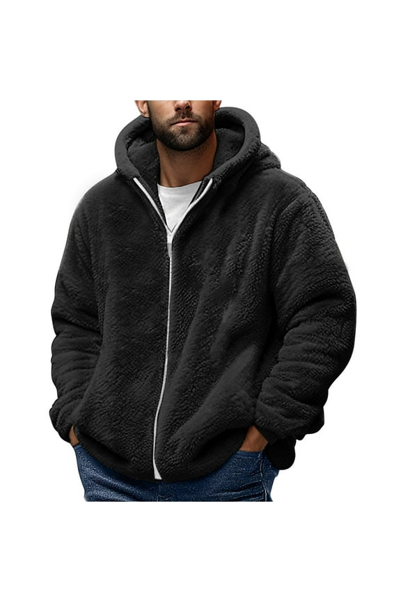 Men's Sherpa Lined Jacket Warm Double-Sided Fleece Coat Zip Up Hooded Thick Jacket Fall Winter Casual Soft Outerwear
