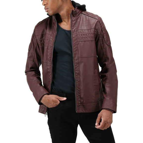 X RAY Jeans Mens Moto Jacket with Hood and Faux Shearling Lining, Burgundy, XL