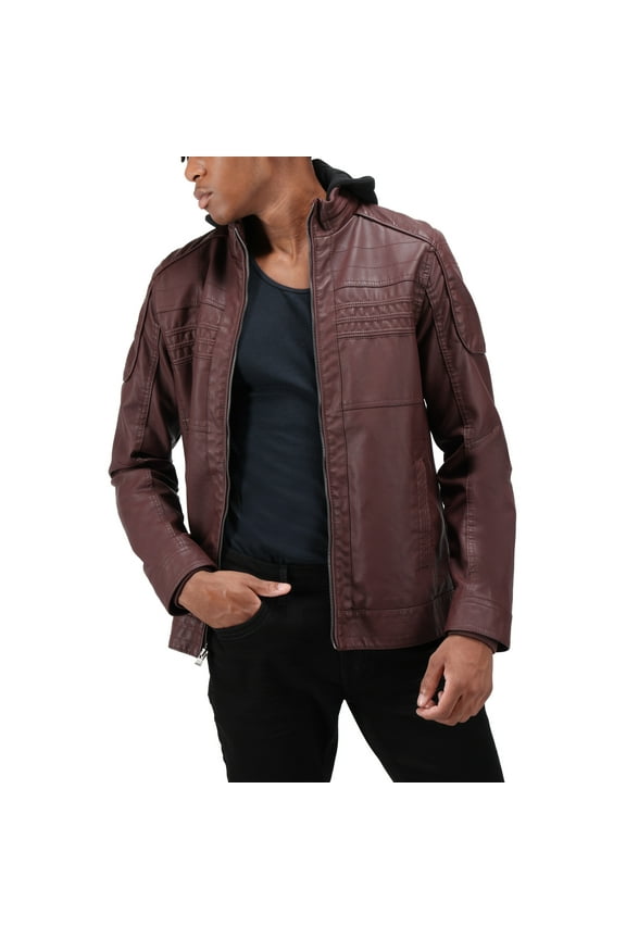 Jeans Mens Moto Jacket with Hood and Faux Shearling Lining, Burgundy, L