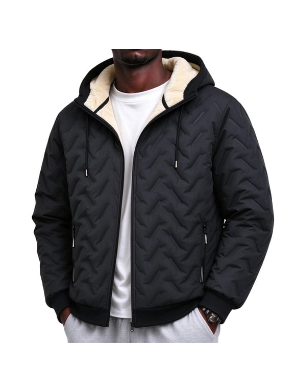 Men's Sherpa Lined Quilted Hooded Jacket Full Zip Up Winter Heavyweight Warm Outerwear with Pockets