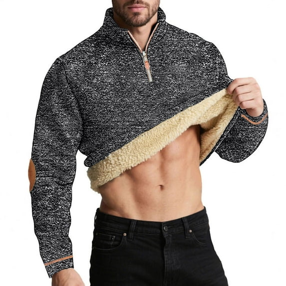 Men's Sherpa Lined Sweatshirts Stand Collar Quarter Zip Fleece Pullover Tops with Leather Elbow Patches Winter Warm Hoodless Hoodies Athletic Workout Outfits Sport Comfy Clothes