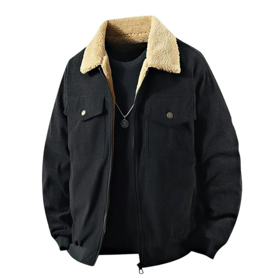 Men'S Sherpa Lined Vintage Corduroy Jackets Warm Lapel Button Up Long Sleeve Thicken Fleece Winter Coats With Pockets Lightweight Rain Jacket Men Black Xl