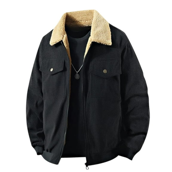 Men'S Sherpa Lined Vintage Corduroy Jackets Warm Lapel Button Up Long Sleeve Thicken Fleece Winter Coats With Pockets Golf Rain Gear For Men Waterproof Black M