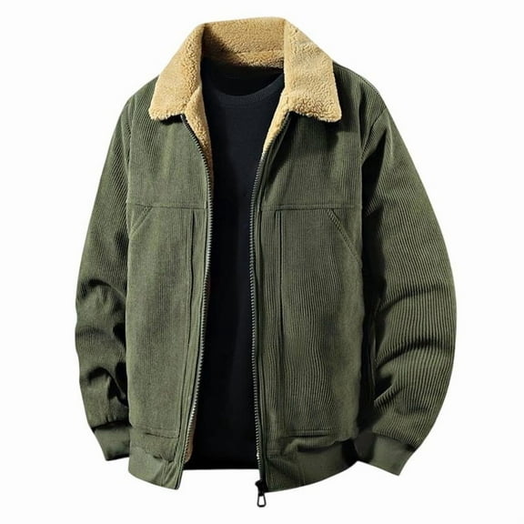 Men's Sherpa Lined Vintage Corduroy Jackets Warm Lapel Button up Long Sleeve Thicken Fleece Winter Coats with Pockets men's windbreakers Army Green L