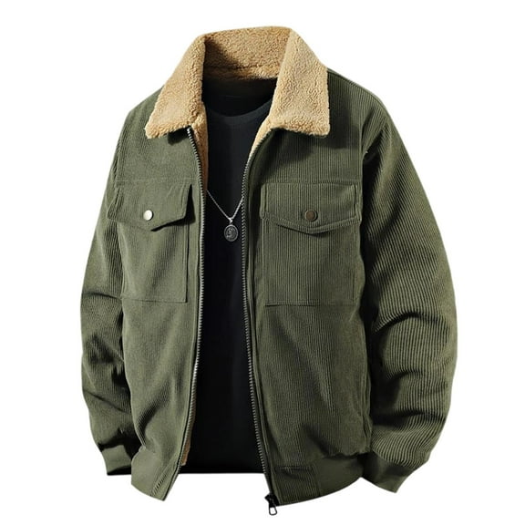 Men's Sherpa Lined Vintage Corduroy Jackets Warm Lapel Button up Long Sleeve Thicken Fleece Winter Coats with Pockets rain coats for men Army Green M