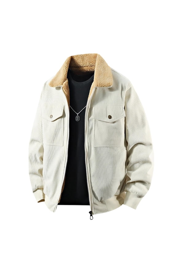 Men's Sherpa Lined Vintage Corduroy Jackets Warm Lapel Button up Long Sleeve Thicken Fleece Winter Coats with Pockets windbreaker Beige XXL