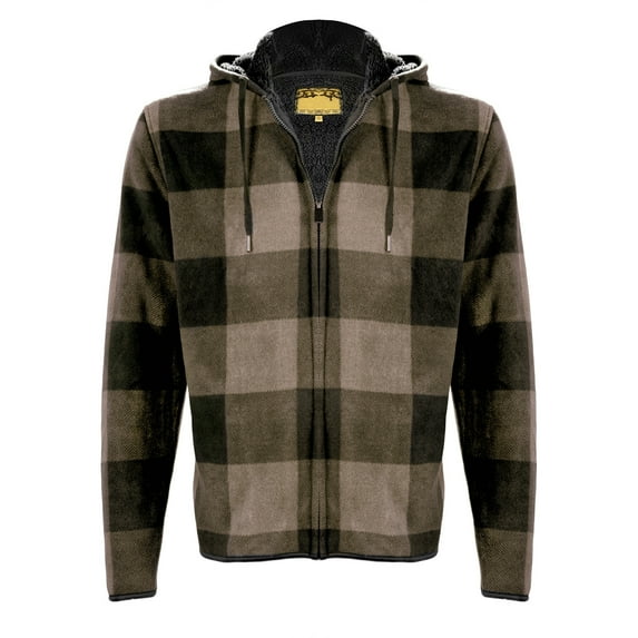 Men's Sherpa Lined Zip Up Two Pocket Long Sleeve Flannel Hoodie, Beige, M