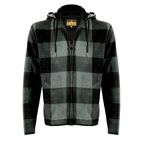 Men's Sherpa Lined Zip Up Two Pocket Long Sleeve Flannel Hoodie, Dark Gray, XL