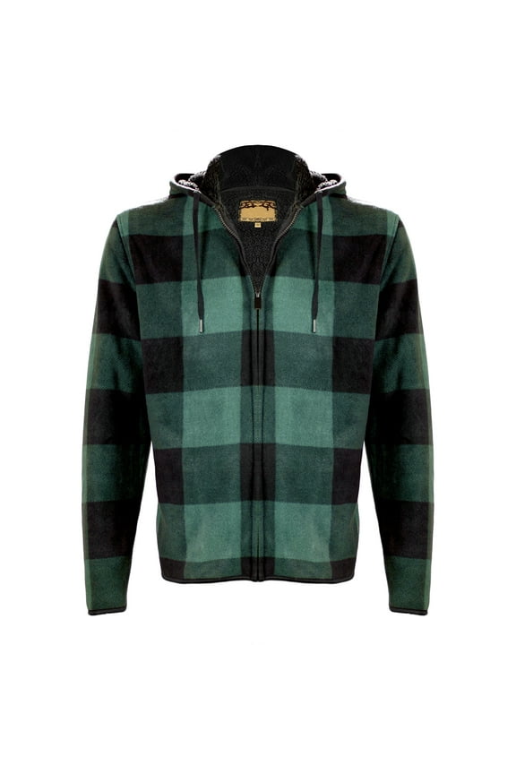 Men's Sherpa Lined Zip Up Two Pocket Long Sleeve Flannel Hoodie, Drk Green, S