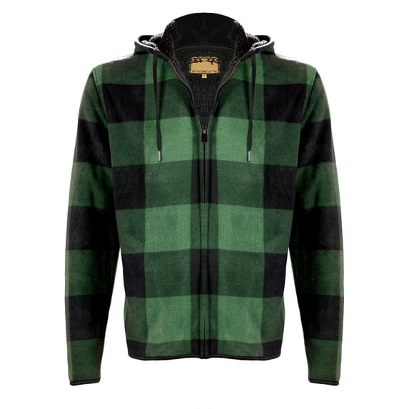 Men's Sherpa Lined Zip Up Two Pocket Long Sleeve Flannel Hoodie, Lt Green, L