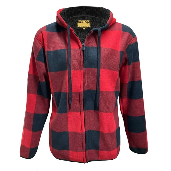 Men's Sherpa Lined Zip Up Two Pocket Long Sleeve Flannel Hoodie, Red, XL