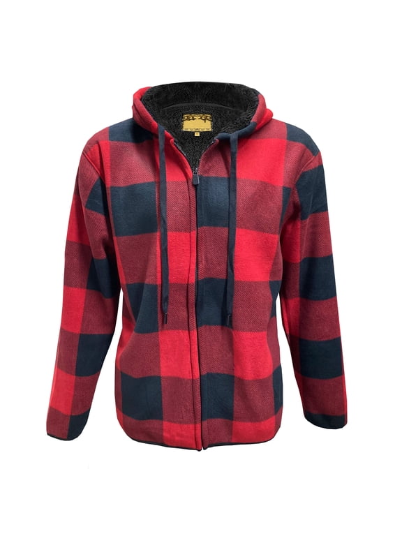 Men's Sherpa Lined Zip Up Two Pocket Long Sleeve Flannel Hoodie, Red, XL