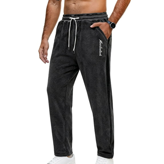 Men's Sherpa Pants Solid Color Fleece Lined Drawstring Trouser Warm Travel Lounge Pants Black S