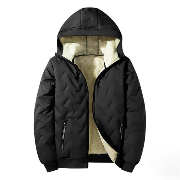 Men's Sherpa Puffer Jacket Hoodies Fuzzy Lined Jackets Full Zipper Quilted Down Coat Winter Thicken Thermal Athletic Coat Black L