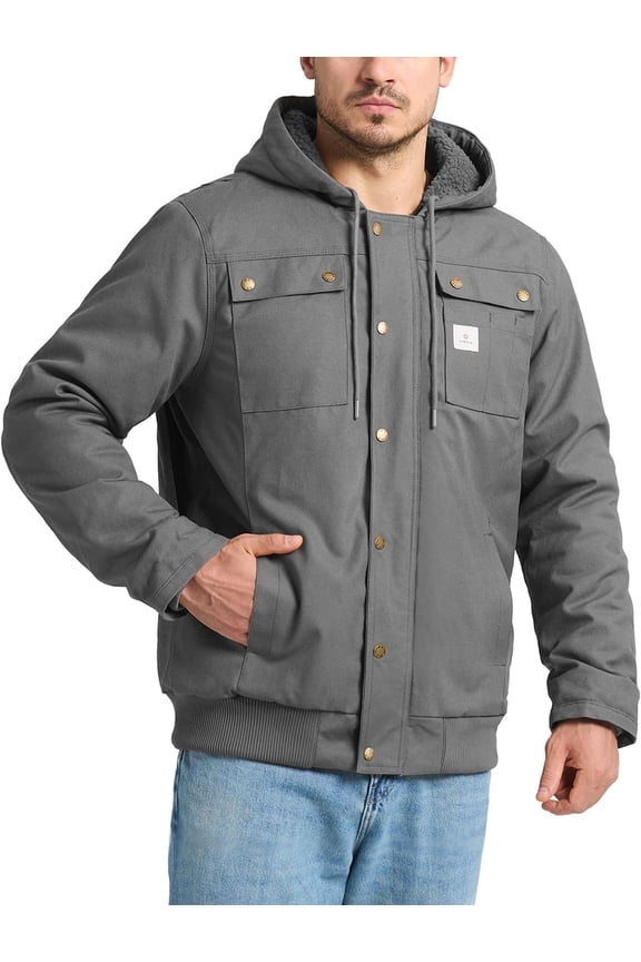 Men's Sherpa Work Jacket, Winter Water Resistant Hooded Duck Canvas Coat, Relaxed Fit Fleece Insulated Utility Jackets