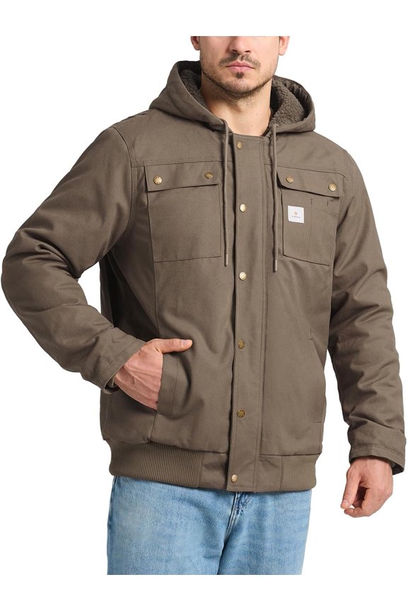 Men's Sherpa Work Jacket, Winter Water Resistant Hooded Duck Canvas Coat, Relaxed Fit Fleece Insulated Utility Jackets