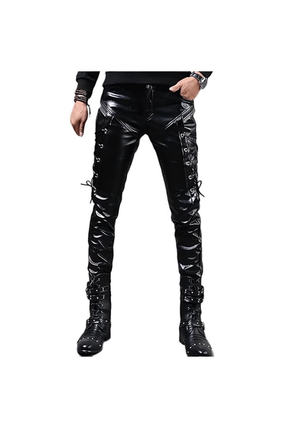 Men's Shiny Black PU Faux Leather Pants Slim Fit Biker Style Side Lace Up Decoration Stage Performance Daily Wear