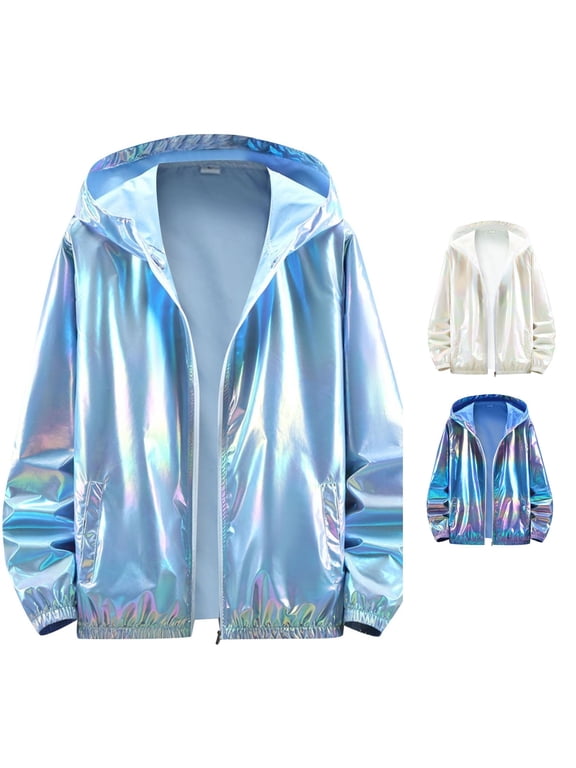 Men's Shiny Faux Leather Hooded Zip Up Jacket Long Sleeve Coat for Streetwear