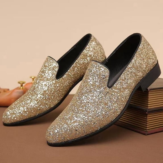 Men’s Shiny Glitter Dress Loafers Lightweight Slip On Formal Shoes Breathable Comfortable Business Wedding Party Walking Shoes for Prom Banquet Evening Wear