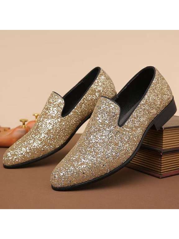 Men’s Shiny Glitter Dress Loafers Lightweight Slip On Formal Shoes Breathable Comfortable Business Wedding Party Walking Shoes for Prom Banquet Evening Wear