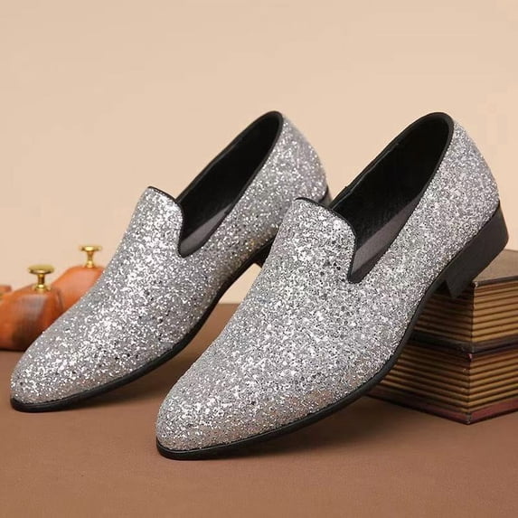 Men’s Shiny Glitter Dress Loafers Lightweight Slip On Formal Shoes Breathable Comfortable Business Wedding Party Walking Shoes for Prom Banquet Evening Wear
