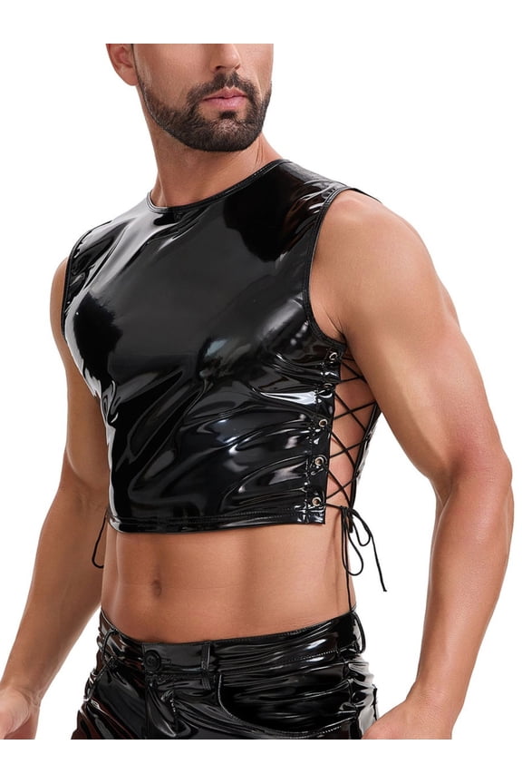 Men's Shiny Leather Sleeveless Crop Tank Top Side Lace Up Adjustable Vest Clubwear