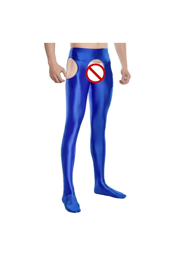 Men's Shiny Metallic Glossy Compression Pants Hollow Out Crotchless Tights Trousers Full-Length Pantyhose