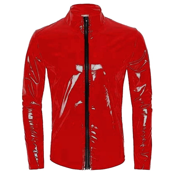 Men's Shiny Metallic Jacket Long Sleeve Zip Up Tops PVC Leather T-Shirts Liquid Latex Motorcycle Jacket for Nightout Club