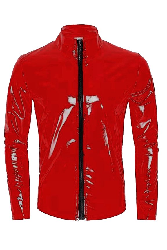 Men's Shiny Metallic Leather Jacket T-Shirt Long Sleeve PVC Leather Jacket Front Zipper Shirts Stand Collar Lightweight Outwear Jacket