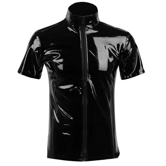 Men's Shiny Metallic Leather Jacket T-Shirt Short Sleeve PVC Leather Jacket Front Zipper Shirts Stand Collar Lightweight Outwear Jacket