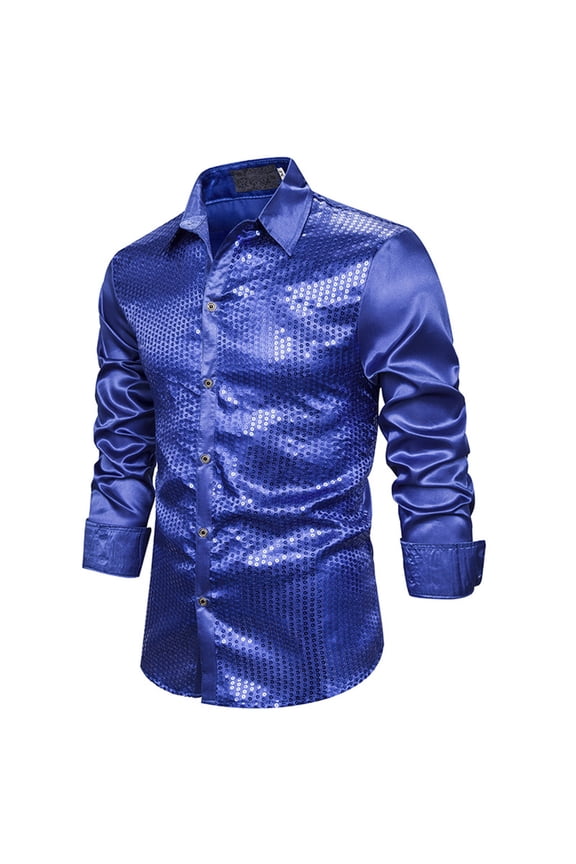 Men's Shiny Metallic Sequin Long Sleeve Button Down Shirts for Party