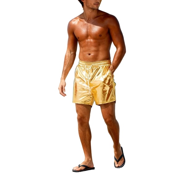 Men's Shiny Metallic Swim Trunks Elastic Waist Casual Hot Summer Beach Shorts Sparkly Dance Active Party Bathing Suit Shorts