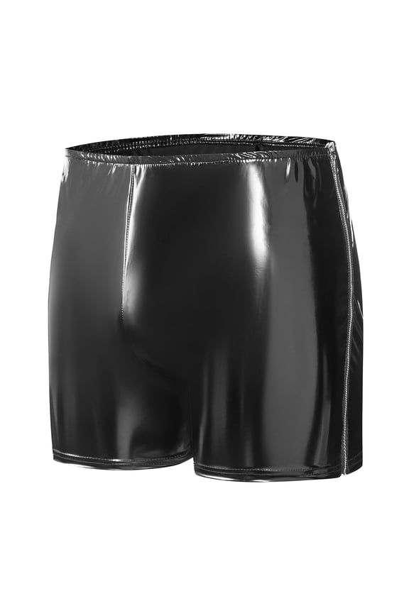 Men's Shiny PU Leather Short Pants, Zipper Beside, Bulge Pouch Boxer, Comfort Stretch Waistband