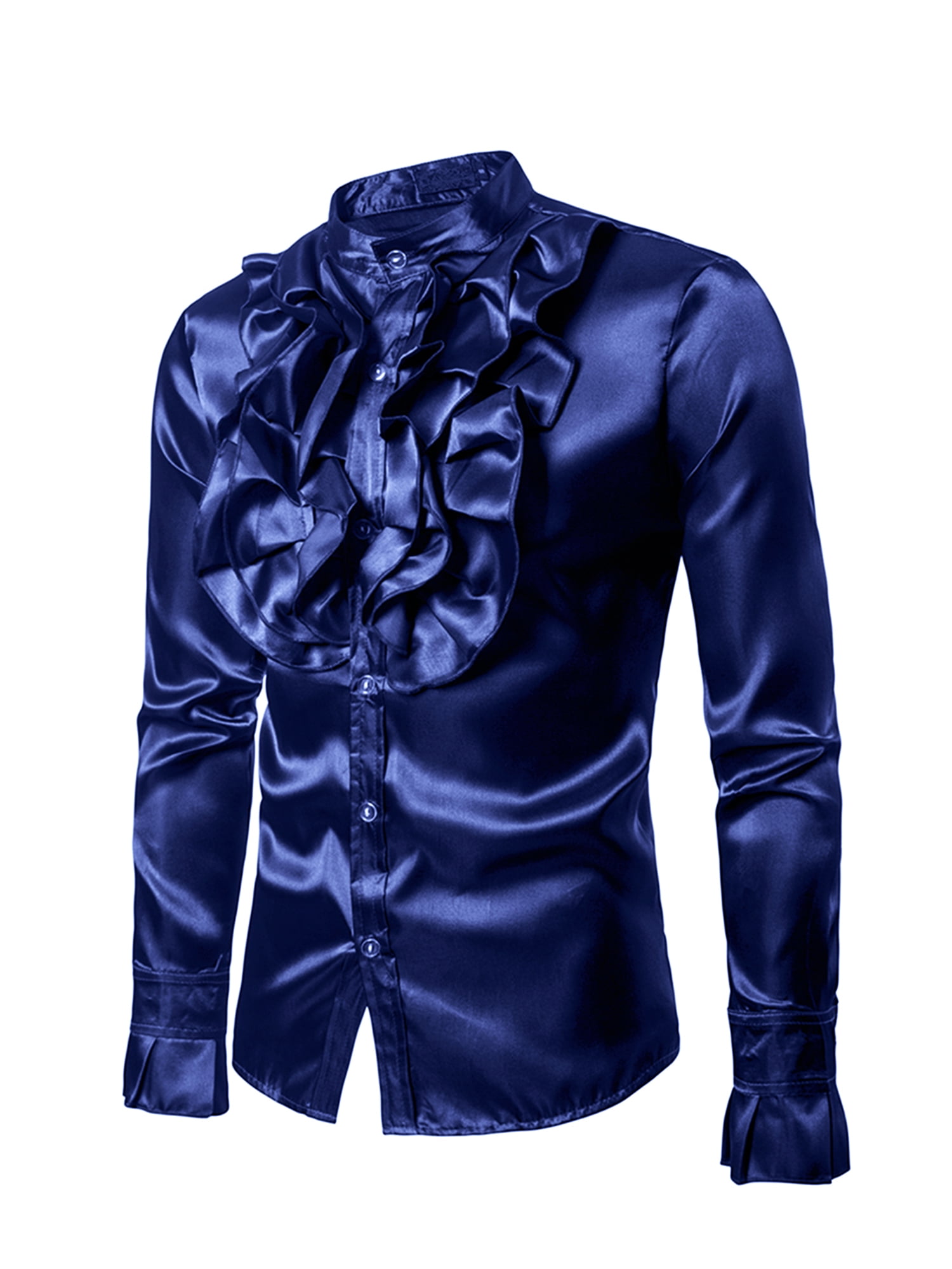 Men's Shiny Satin Long Sleeve Button Up Ruffle Dress Shirts for