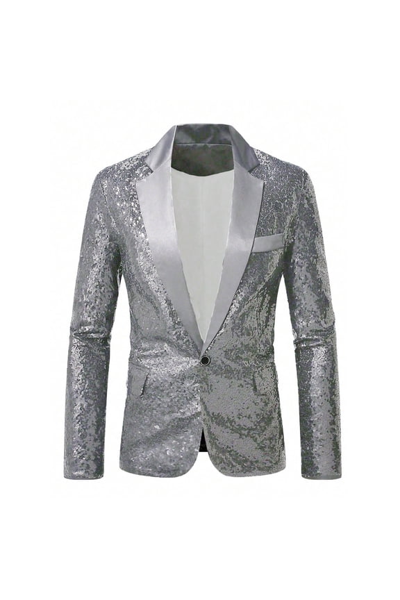 Men's Shiny Sequin Blazer Sparkle Metallic Tuxedo Jacket Party Prom Wedding One Button Jacket Silver M