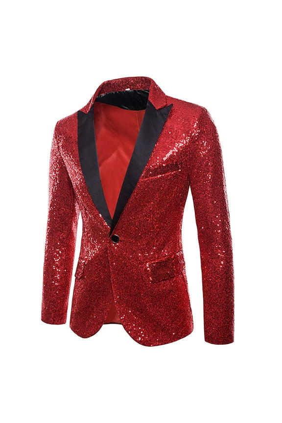 Men's Shiny Sequin Blazer Tuxedo Jacket Party Prom Wedding One Button Jacket Red XL