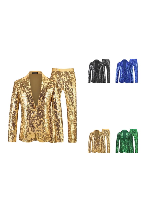 Men's Shiny Sequin Two Piece Tuxedo Suit with Floral Pattern for Party Banquet Proms 70s Disco