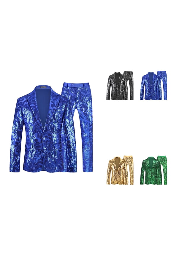 Men's Shiny Sequin Two Piece Tuxedo Suit with Floral Pattern for Party Banquet Proms 70s Disco