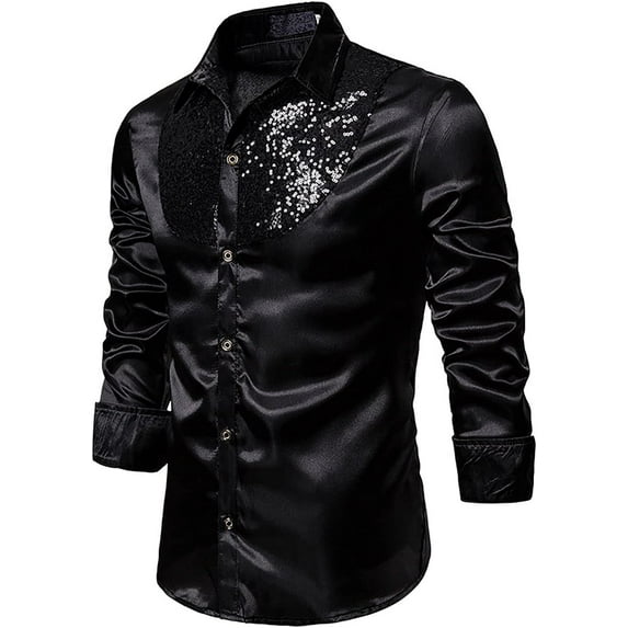 Men's Shiny Sequins Shirt Silk Like Satin Button Up Disco Party Dress Shirts Casual Long Sleeve Standard-Fit Tops