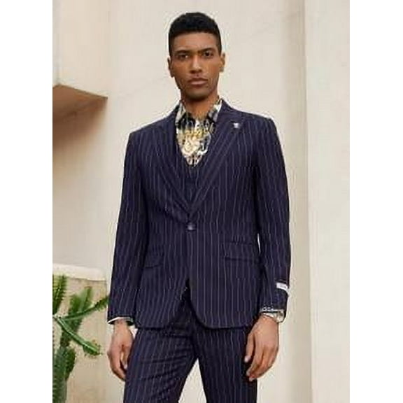 Stacy Adams Mens Pinstripe Suit Black Modern Fit SM147H1-00