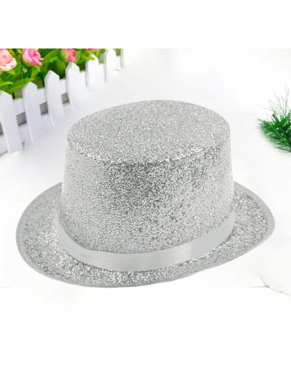 Men's Shiny Top Hat for Stage Performance, Classic Flat Crown Jazz Hat for Festive Events, Glossy Formal Dress Hat for Wedding Parties and Special Occasions, Elegant Vintage Inspired Dress Hat Silver
