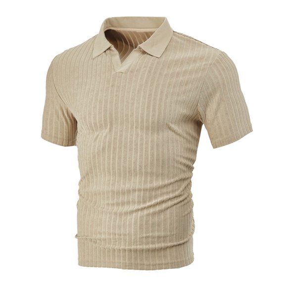 Men's Shirt, Casual Short Sleeve Knit Top with V-Neck Collar, Breathable Solid Color Button-Up Shirt for Daily Wear