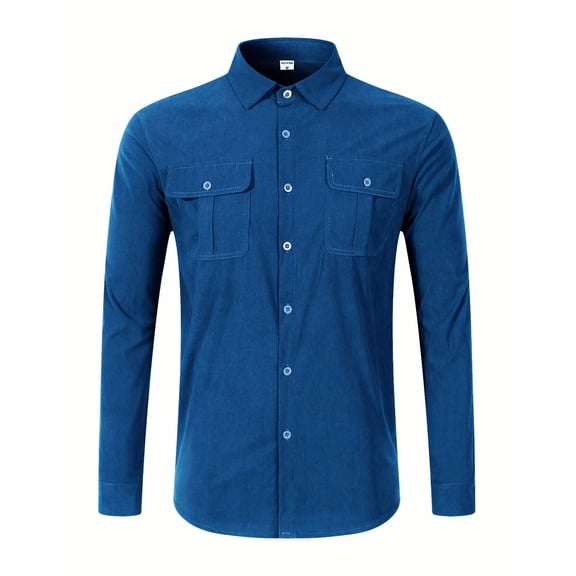Men's Shirt Double Pocket Casual Solid Color Long Sleeve Top