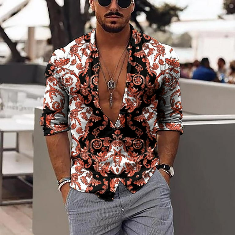 Men's Shirt Floral Print Long Sleeve Collar Outdoor Street Button-Down  Print Tops Cotton Fashion Casual Breathable Comfortable Winter / Fall(Red,S)