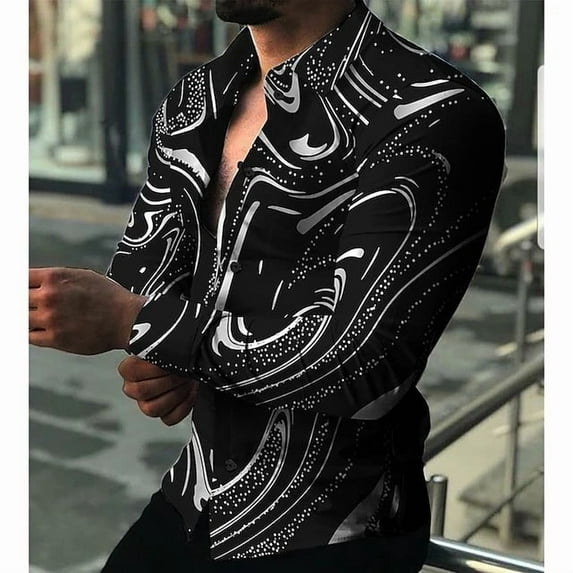 Men's Shirt Gold Long Sleeve Shirt Business Men Dress Prom Social Print Shirts Black L