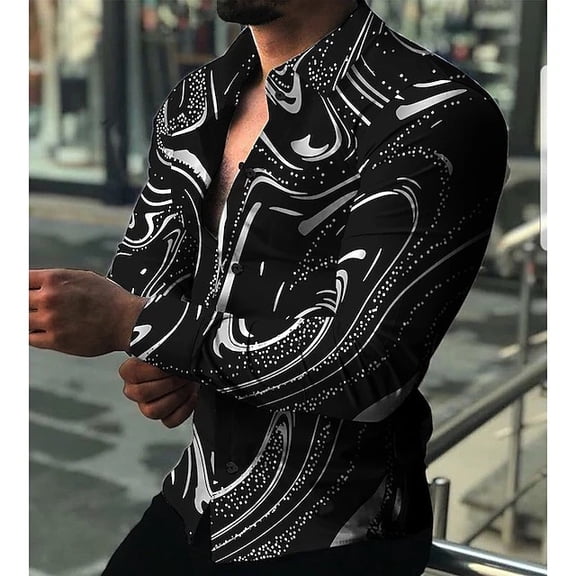 Men's Shirt Gold Long Sleeve Shirt Business Men Dress Prom Social Print Shirts Black XXL