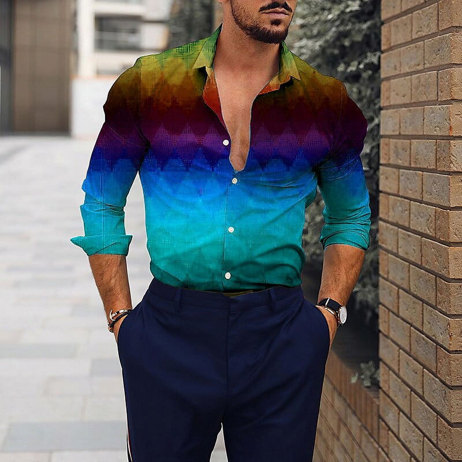 Men s Shirt Graphic Shirt Gradient Turndown Blue Purple Rainbow